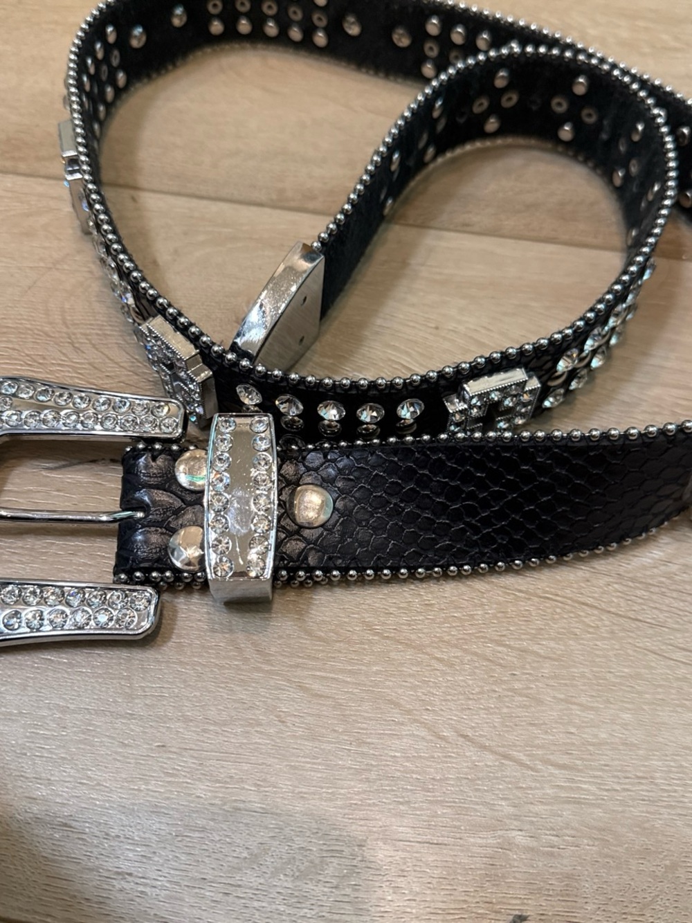 Black Studded Rhinestone Belt genuine leather